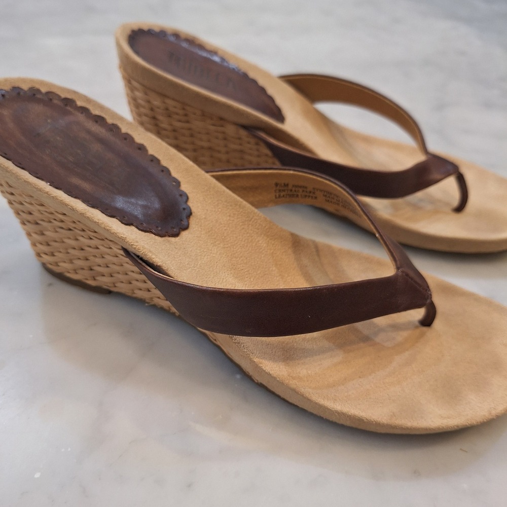 Tribeca Wedge Sandals Women 9.5 Brown Leather Woven Straw Central Park Slides - Picture 2 of 10